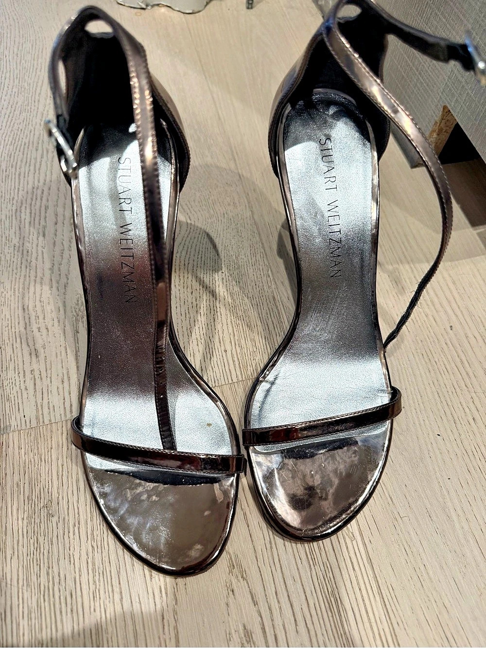 Stuart Weitzman Metallic Ankle Strap Heels in Brown